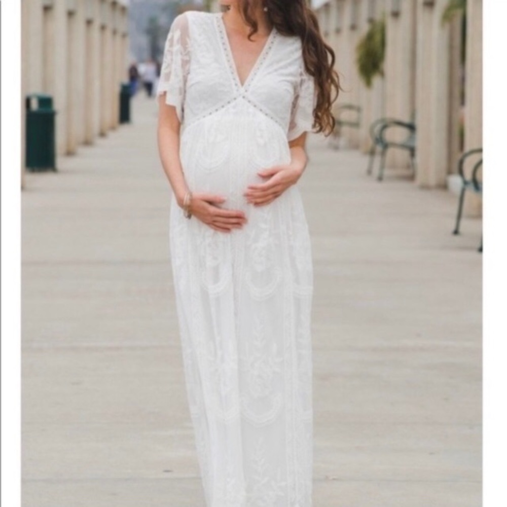 Pink Blush White Lace overlay Maternity Dress